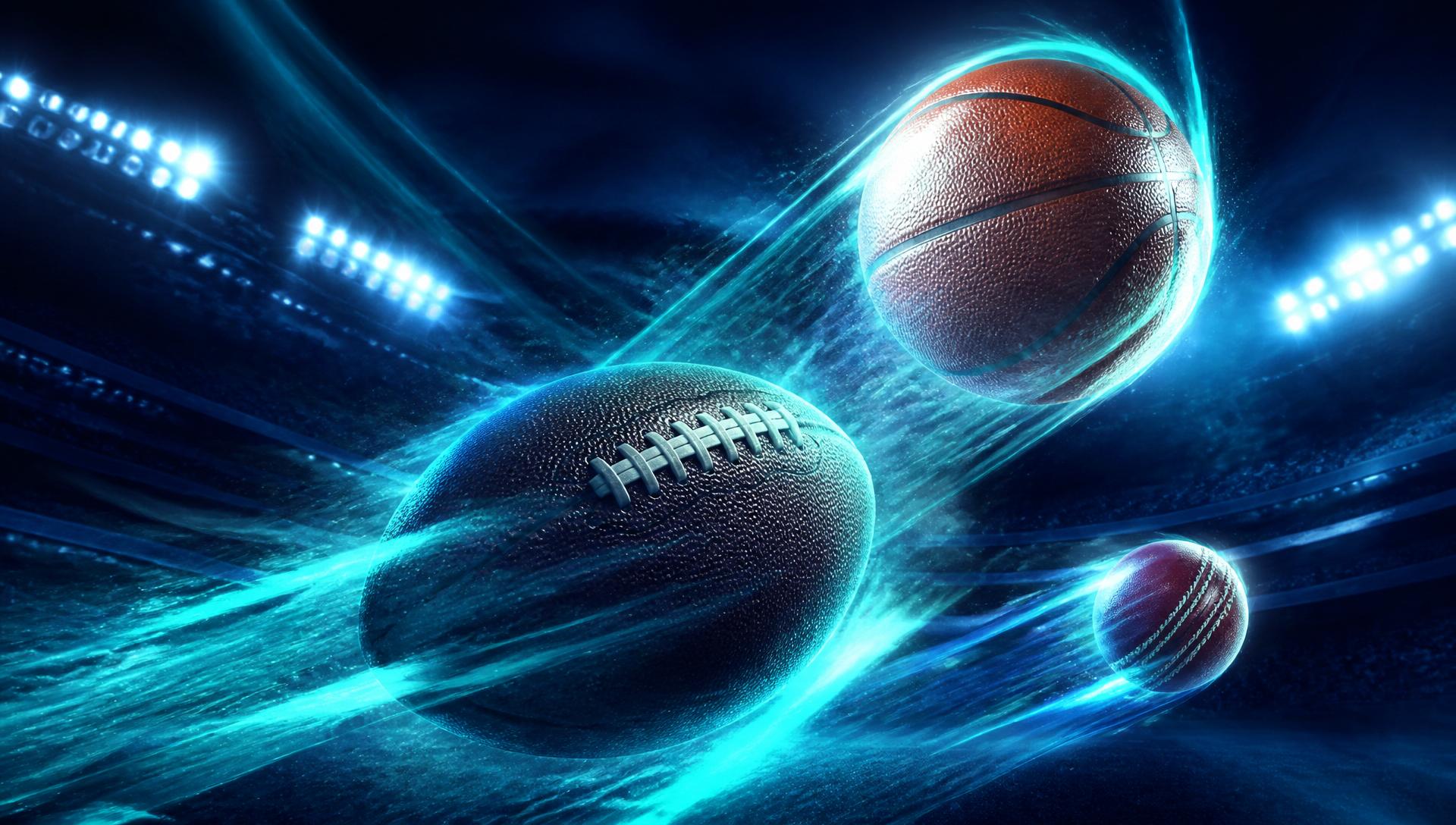 Football, basketball, and cricket action under stadium lights